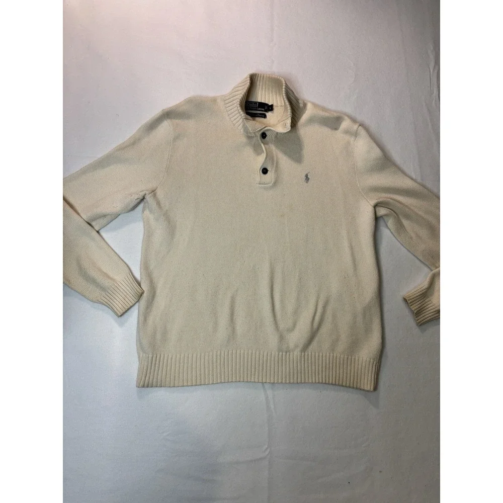 Polo Ralph Lauren Mens Sweater Cream 100 Cotton 1/4 Zip Button Collar L‎